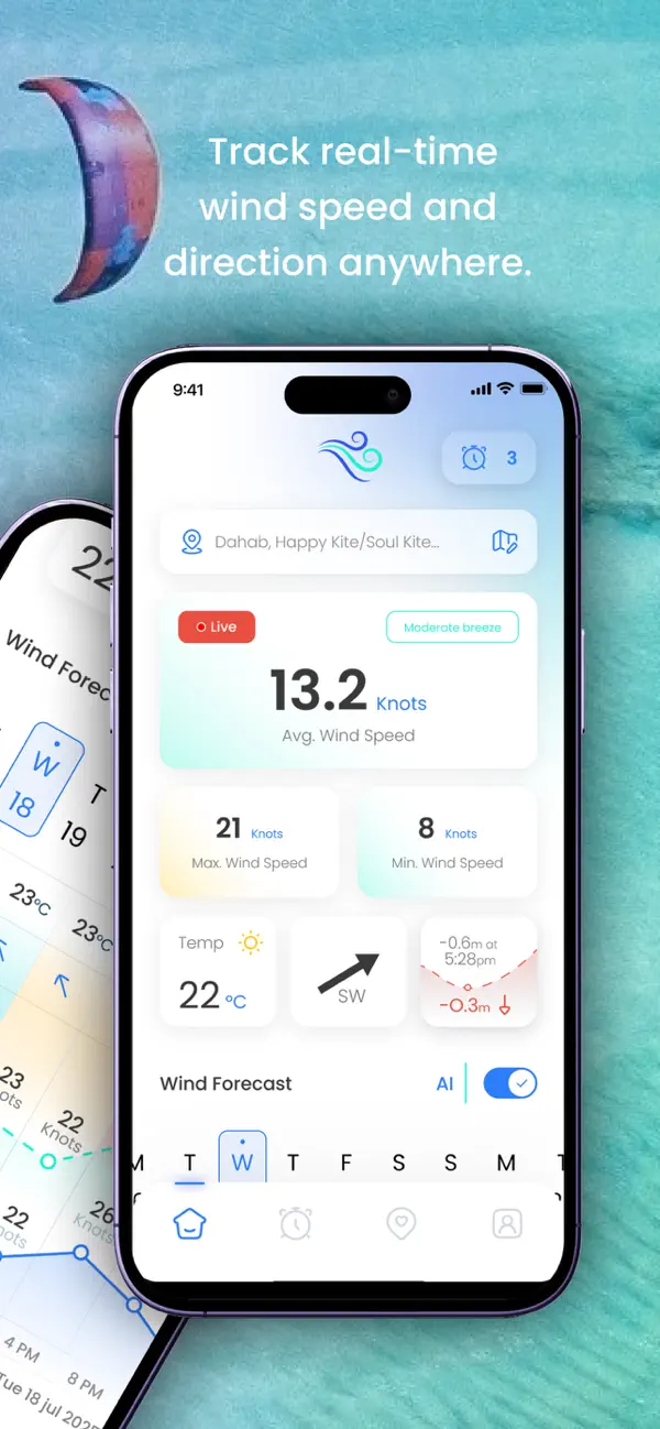Screenshot of WindUp's live wind alarm feature.